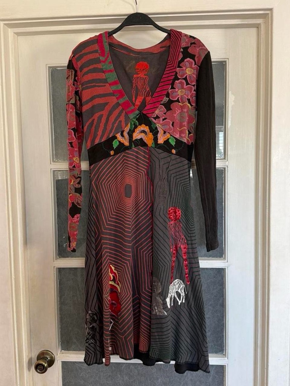 Y2k Desigual Multicolor Mixed-Print Long Sleeve V-Neck Dress